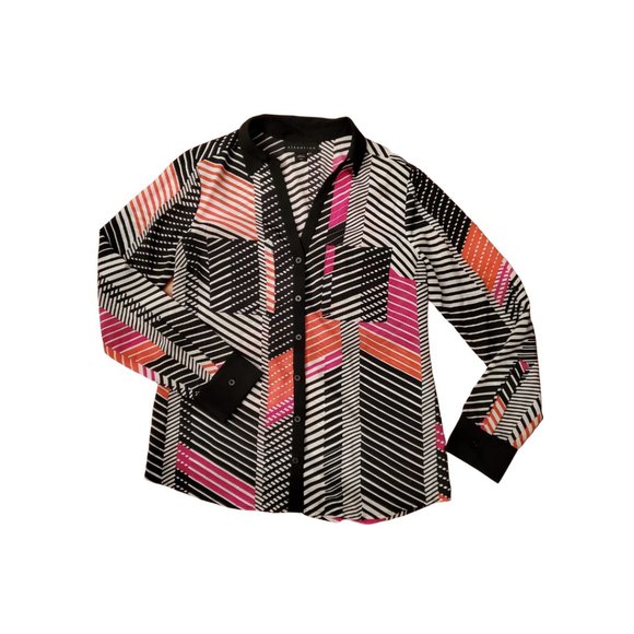 attention Tops - Attention Geometric Chevron Stripe Blouse Pink Orange Black Sz S